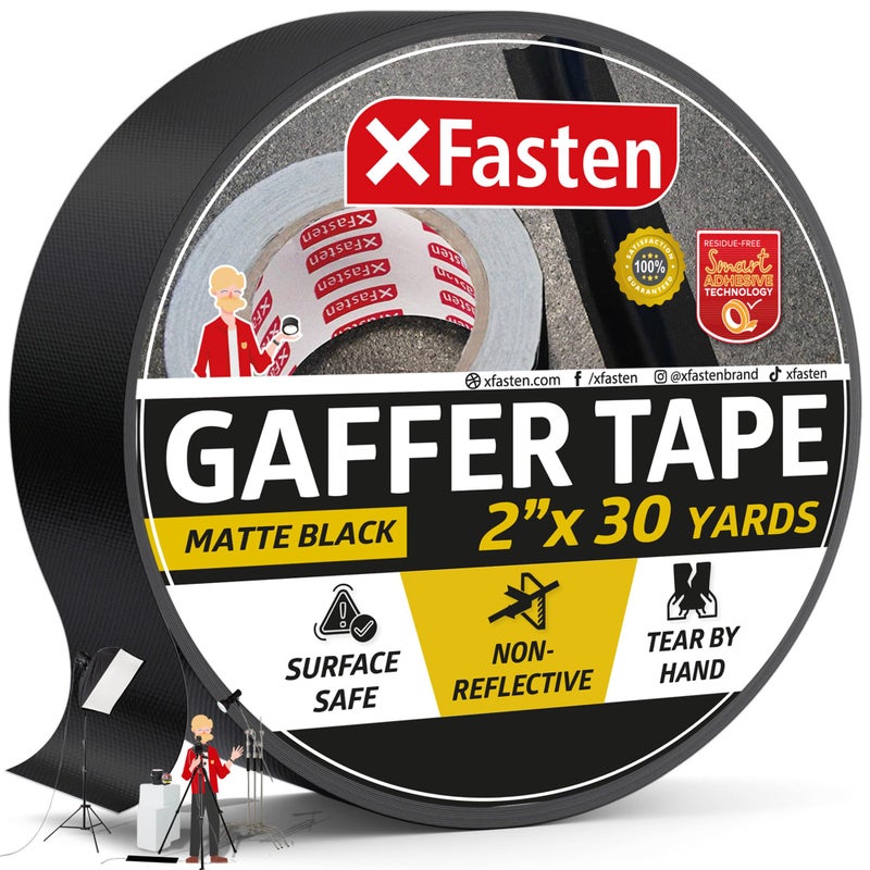 XFasten Black Gaffers Tape 2 Inch x 30 Yards (90 Feet) Residue-Free Matte Black Gaffer Tape 2 Inch Non-Reflective Easy-to-Tear Floor Tape for Electrical Cords - Image 1